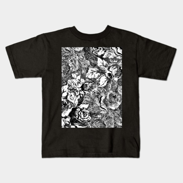 Textured Black and White Rose Pattern Kids T-Shirt by Ric1926
